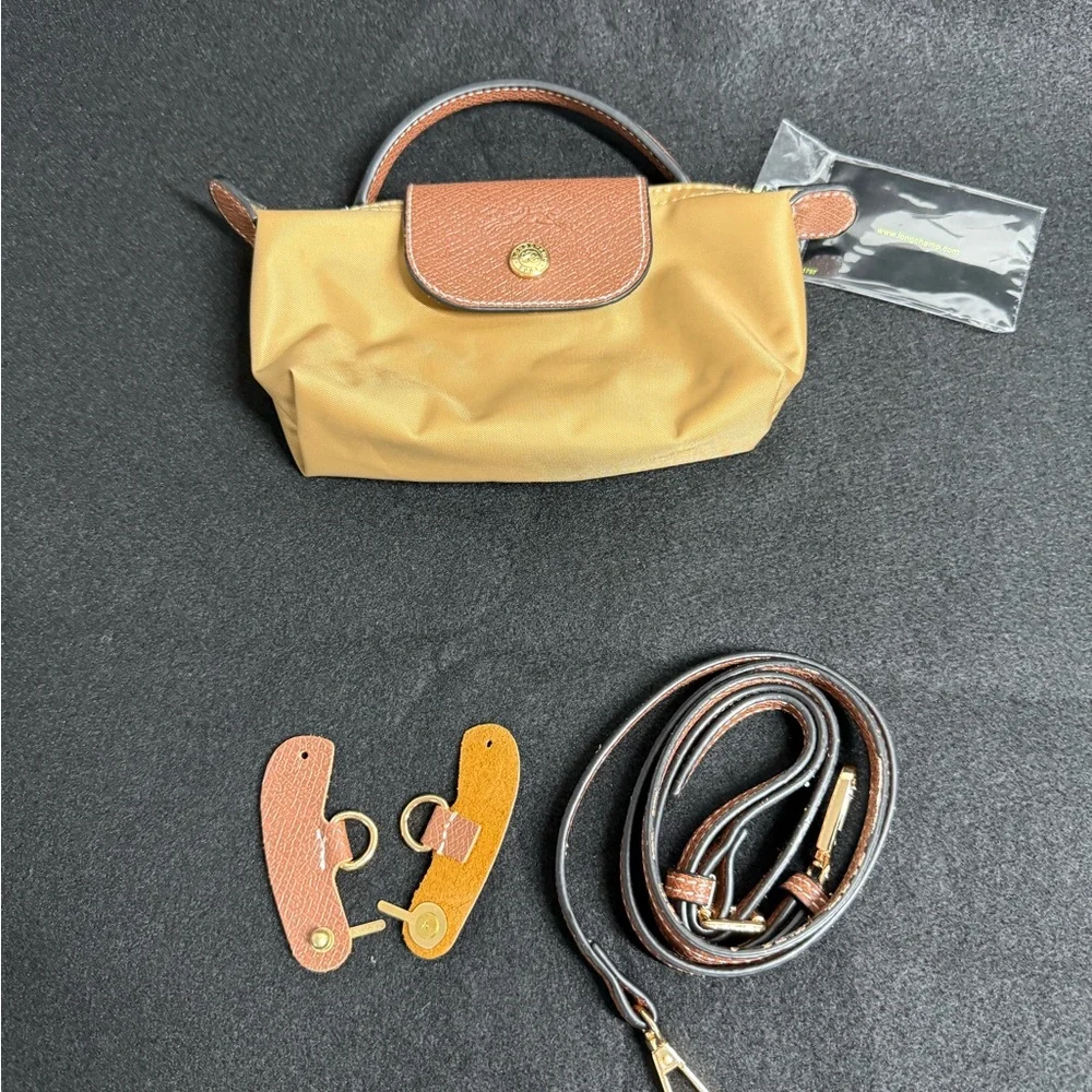 Mini Crossbody Bag Top Handle Yellow Sand Brown Leather Trim+ Strap